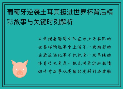 葡萄牙逆袭土耳其挺进世界杯背后精彩故事与关键时刻解析 葡萄牙逆袭土耳其挺进世界杯背后精彩故事与关键时刻解析